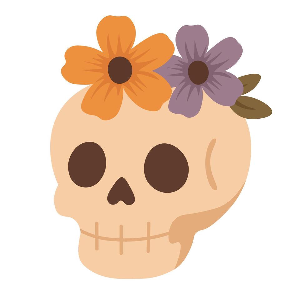 Cartoon skull with colorful flowers. Flat spooky illustration on white background for Halloween. vector