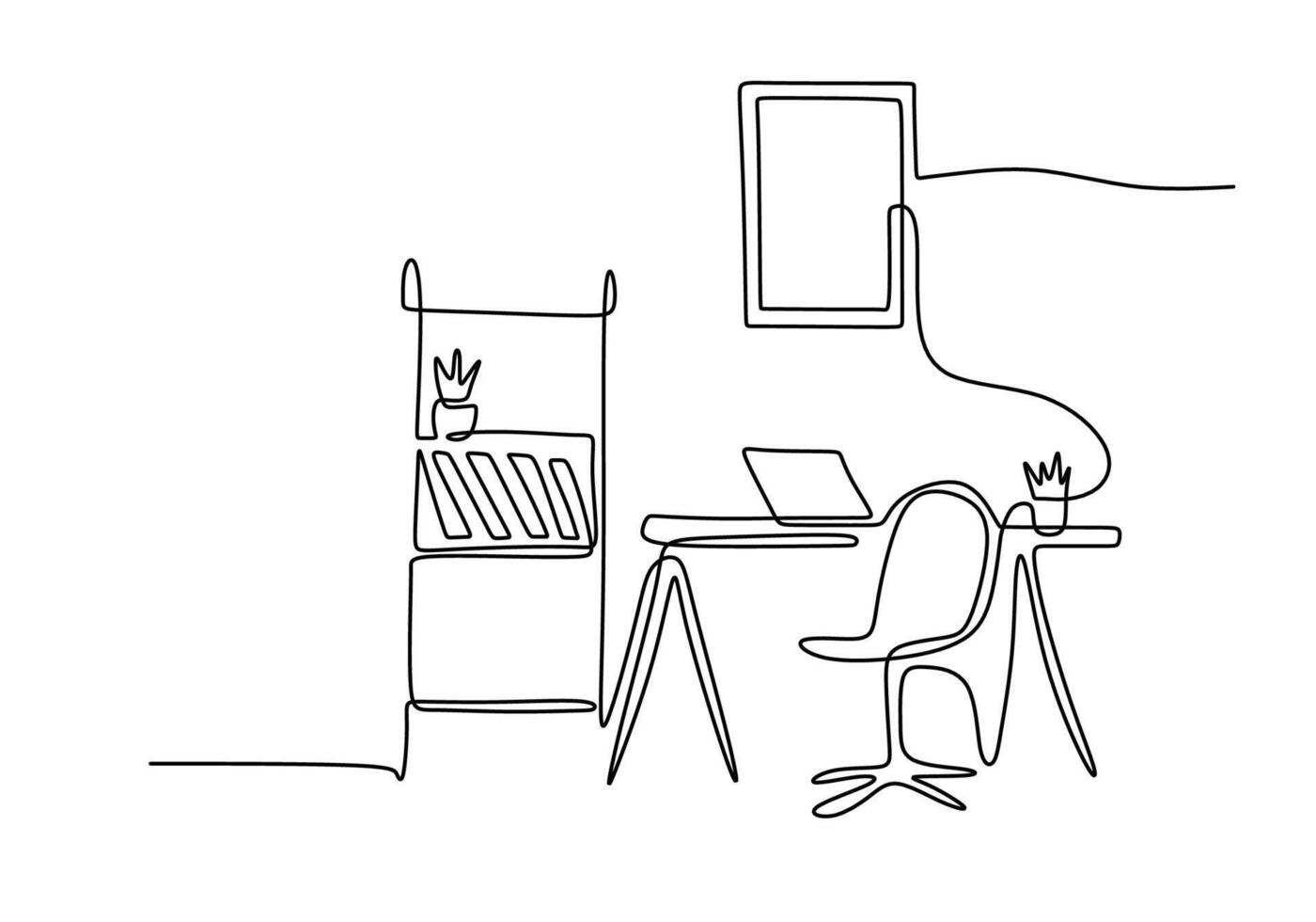 Workspace with bookshelf one line drawing for office interior vector