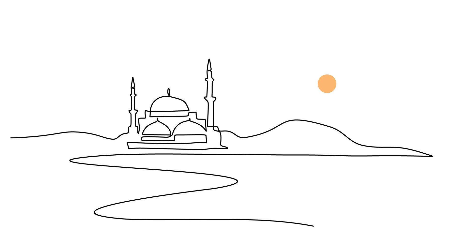 Mosque Mountain Landscape One Line Drawing for Travel vector