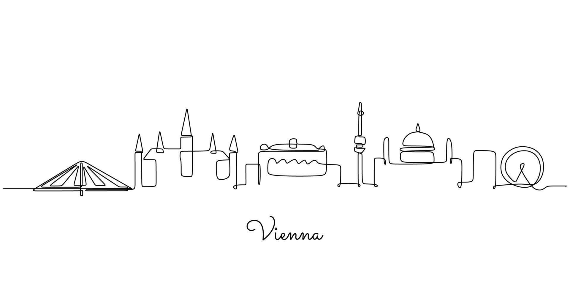 One continuous line drawing of Vienna skyline illustration. Simple Modern city in Europe vector