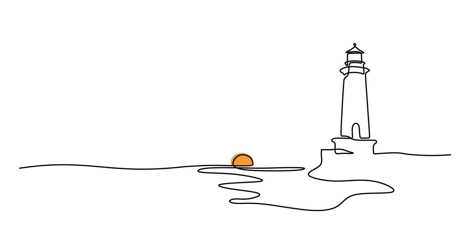 Lighthouse Sunset One Line Drawing for Romantic Poster vector