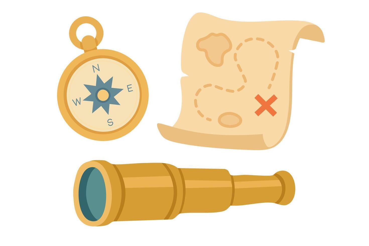 Compass, telescope, and treasure map illustration vector