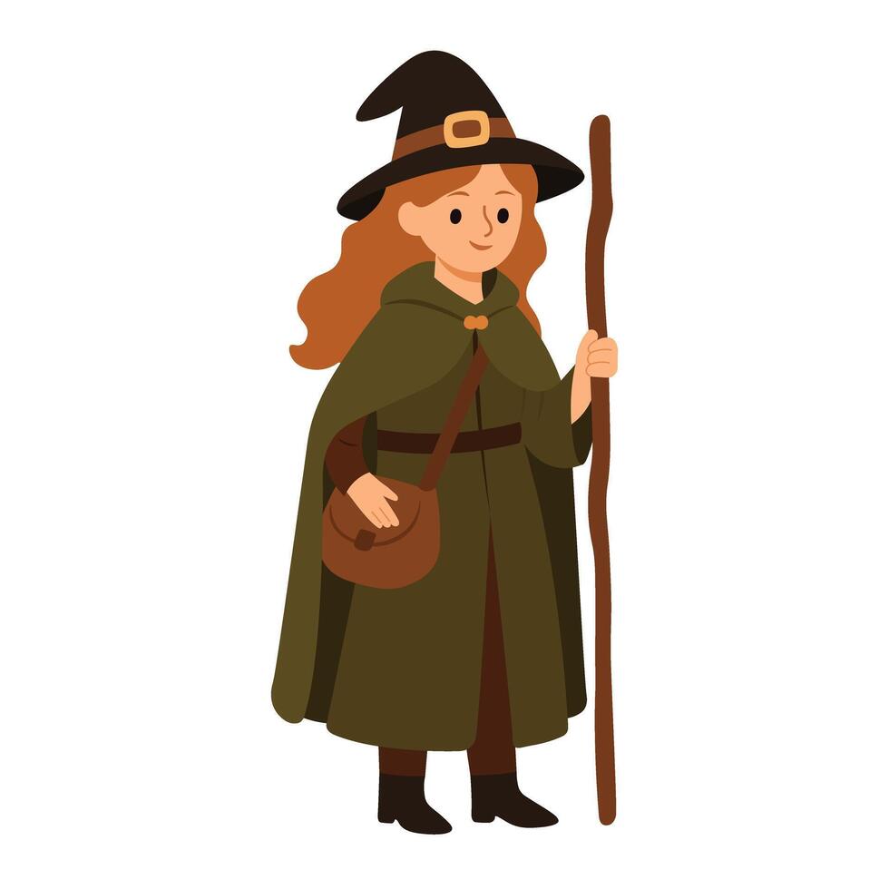 Cartoon witch girl in cloak with staff. Flat illustration on white background for Halloween. vector