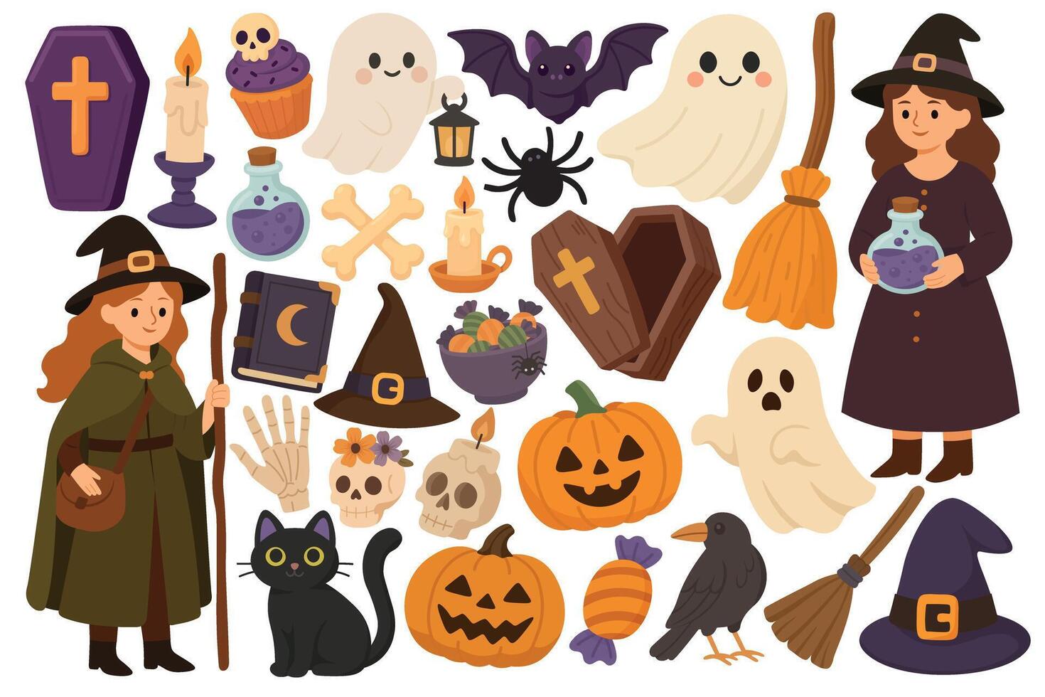 Big cartoon Halloween set with witch, ghosts, pumpkins and spooky items. Flat illustration. vector