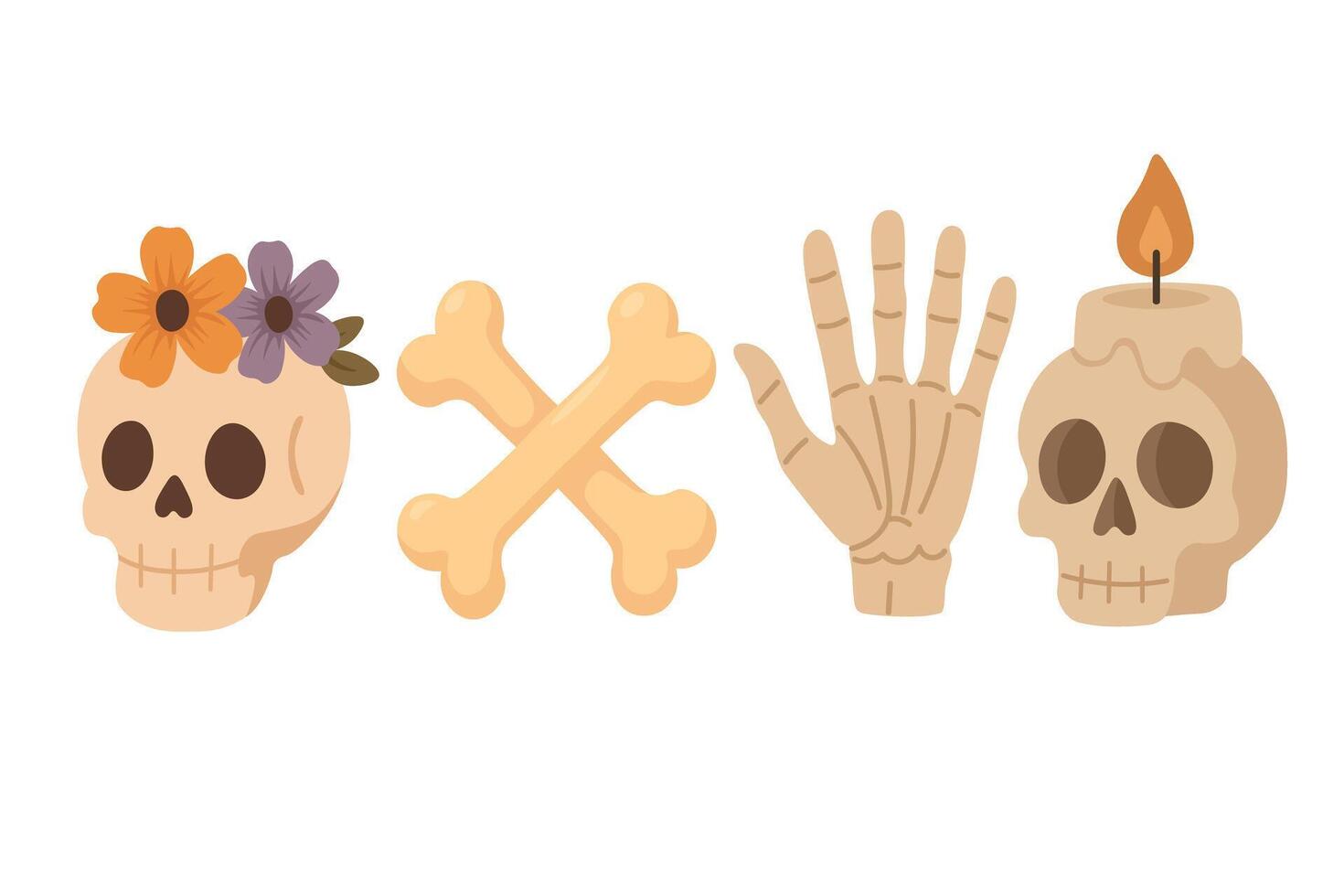 Cartoon skull, bones and skeleton hand. Flat illustration on white background for Halloween. vector