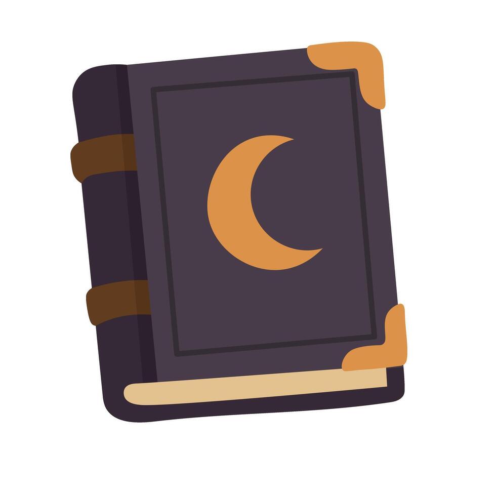 Cartoon magic book with moon symbol. Flat illustration in mystical Halloween theme. vector