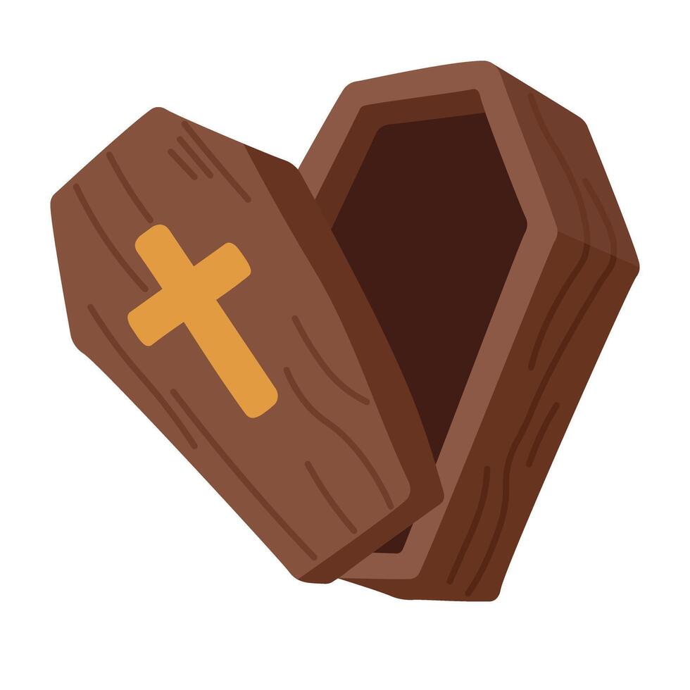 Cartoon open coffin with cross in flat spooky style. Halloween illustration on white background. vector