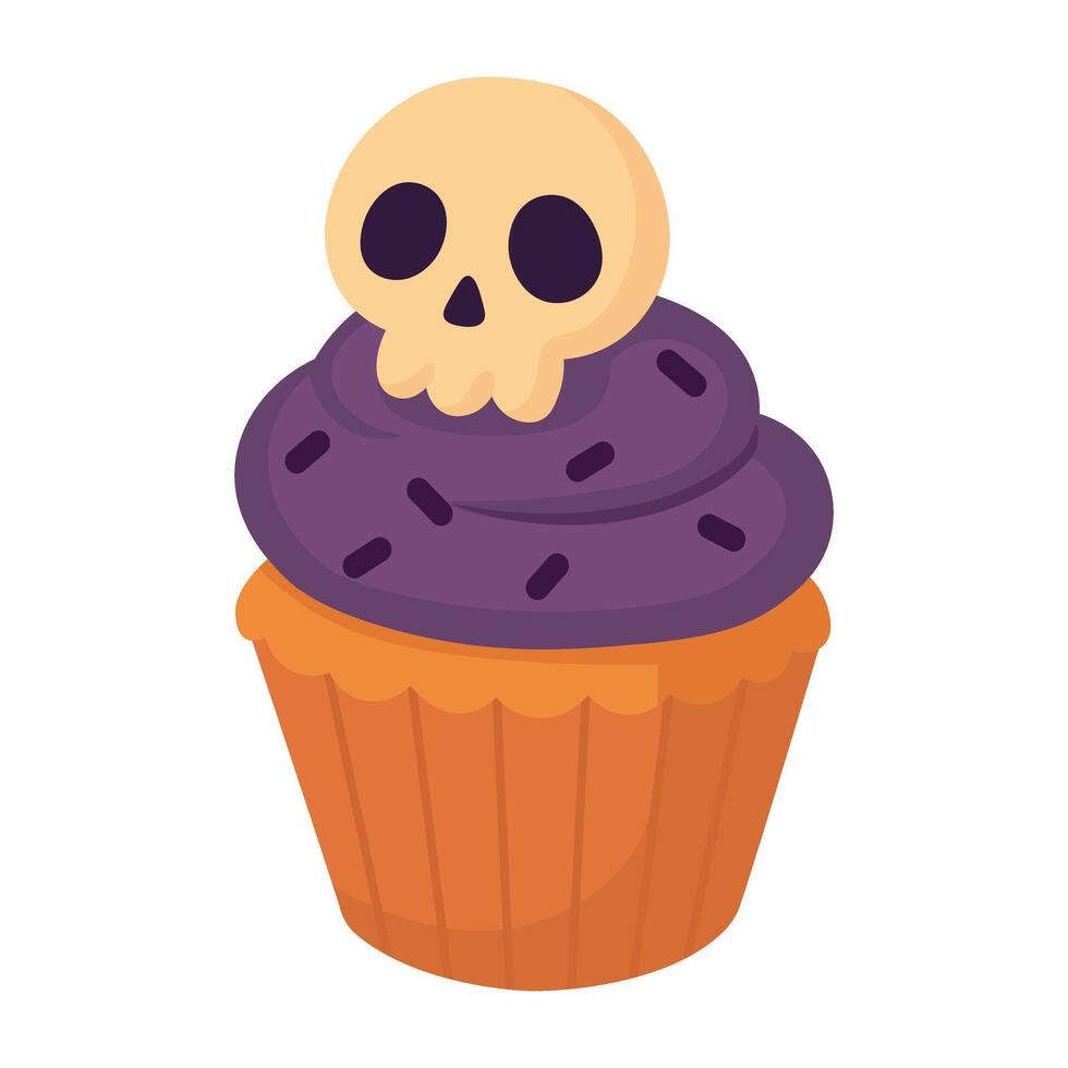 Cartoon cupcake with skull topping and purple cream. Flat illustration on white background. vector