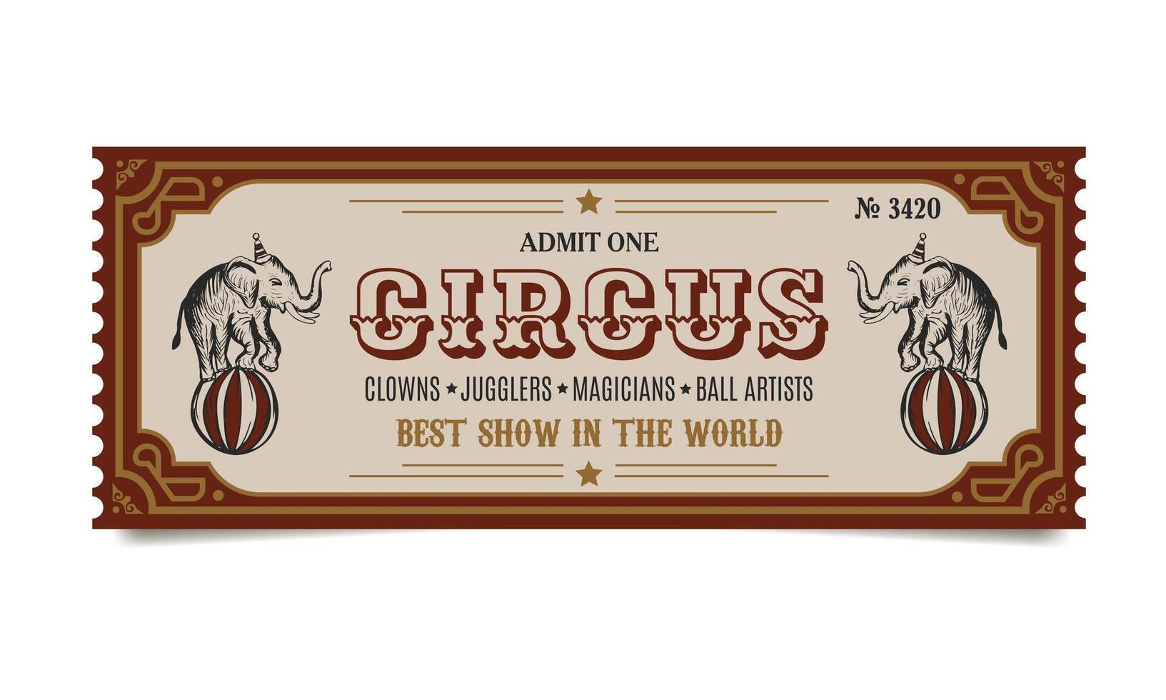 retro circus ticket template with elephants on a ball in red and yellow colors vector