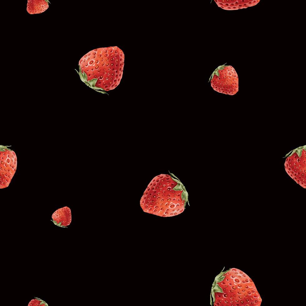 Simple Seamless surface pattern design of Watercolor Strawberry berries. Cute red little strawberry on dark background. Summer Botanical print for package, cosmetic, tablecloth, wallpapers, textile vector