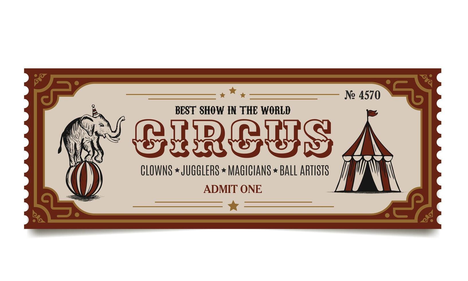retro circus ticket with elephant and circus tent, vintage invitation to the show vector