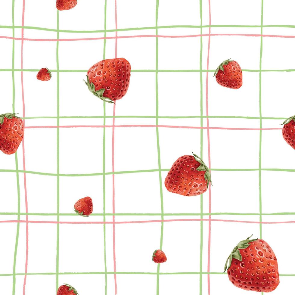 Juicy Strawberry Berries on checkered background. Watercolor cute summer seamless pattern. Hand drawn garden berries print for package, cosmetic, tablecloth wallpapers, textile, pajamas vector