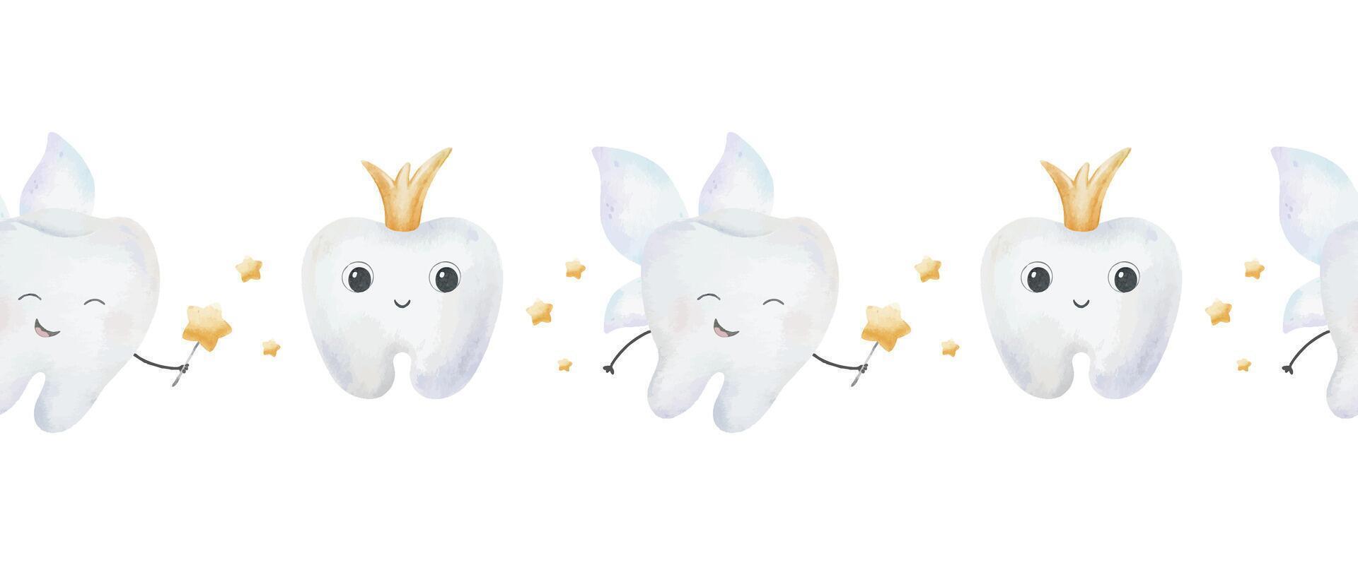 Tooth Character Tooth fairy with crown, wings and magic wand among stars. Hand drawn watercolor baby seamless border of kids first tooth for pediatric dentistry, National Tooth Fairy Day, wrapping vector