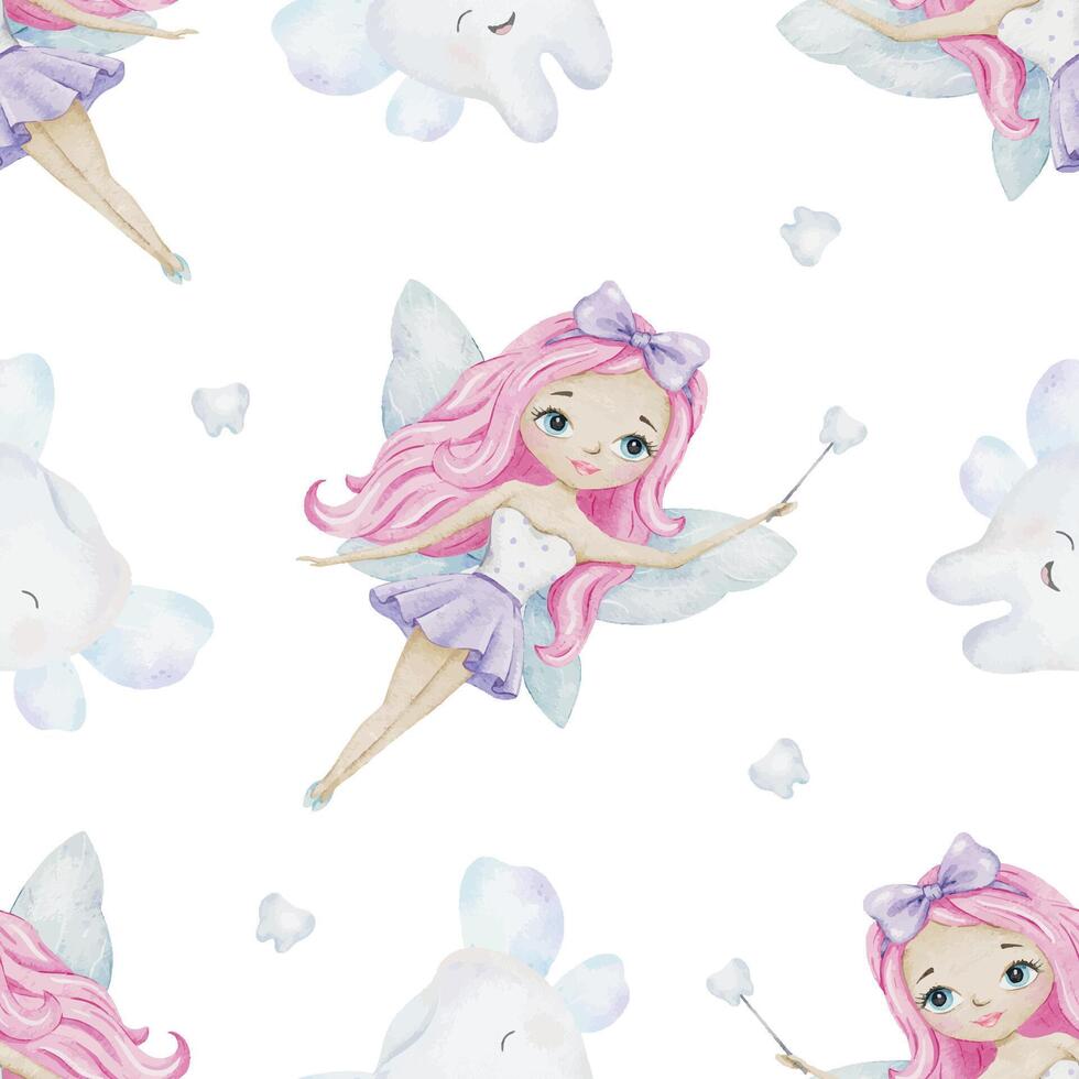Watercolor seamless pattern of Tooth Fairy with wings, magical wand, teeth. Hand drawn kid repeat print for pediatric dentistry, National Tooth Fairy Day, scrapbook paper, fabric, textile, bed linen vector