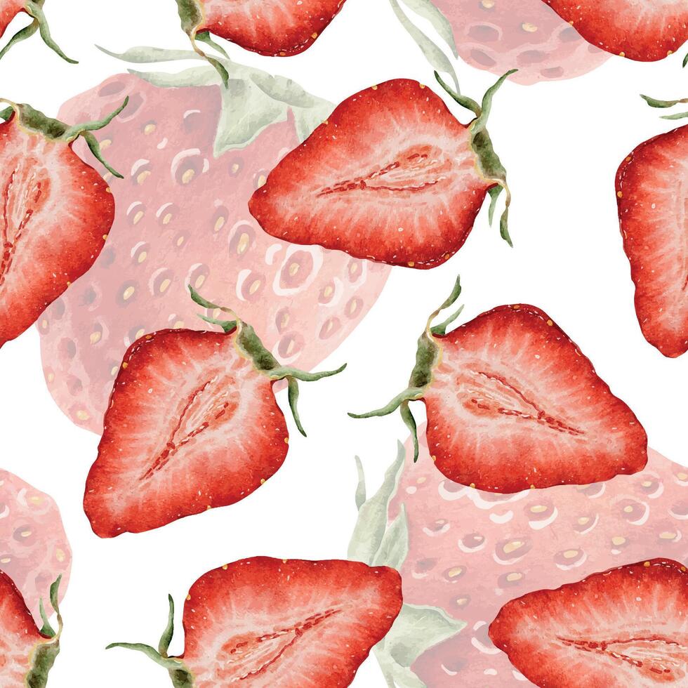 Juicy Slices of Strawberry Berries Watercolor seamless pattern. Hand drawn summer garden berries background for package, cosmetic, tablecloth wallpapers, textile, pajamas vector
