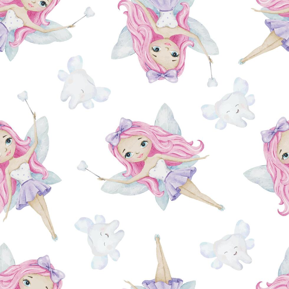 Watercolor seamless surface pattern design of Tooth Fairy with wings, magical wand and teeth. Hand drawn baby repeat print for pediatric dentistry, National Tooth Fairy Day, wrapping paper, textile vector