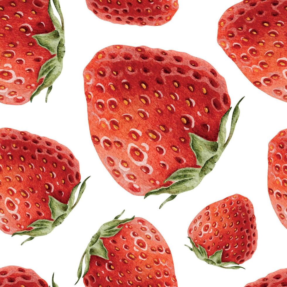 Juice whole Berries of red garden Strawberry. Watercolor summer seamless surface pattern design. Hand drawn endless print for package, cosmetic, tablecloth wallpapers, textile, pajamas vector