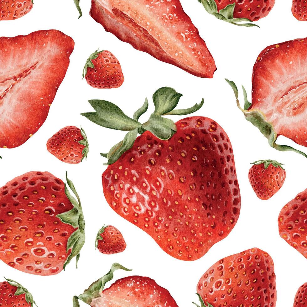 Ripe Whole berries, halves and slices of strawberries background. Watercolor seamless surface pattern design. Wild berries infinite print for package, cosmetic, tablecloth wallpapers, textile, pajamas vector