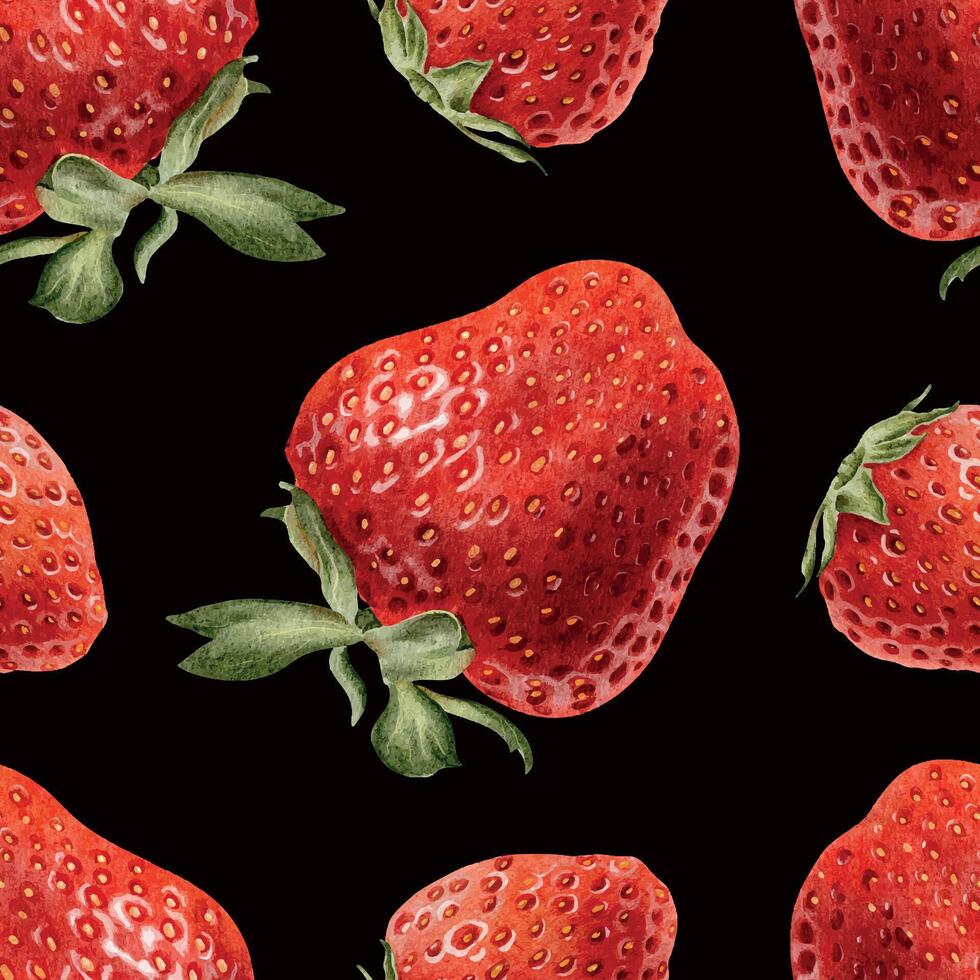 Seamless surface pattern design of watercolor ripe juicy red strawberry whole berries on dark Background. Hand drawn summer print for package, cosmetic, tablecloth, wallpapers, textile vector