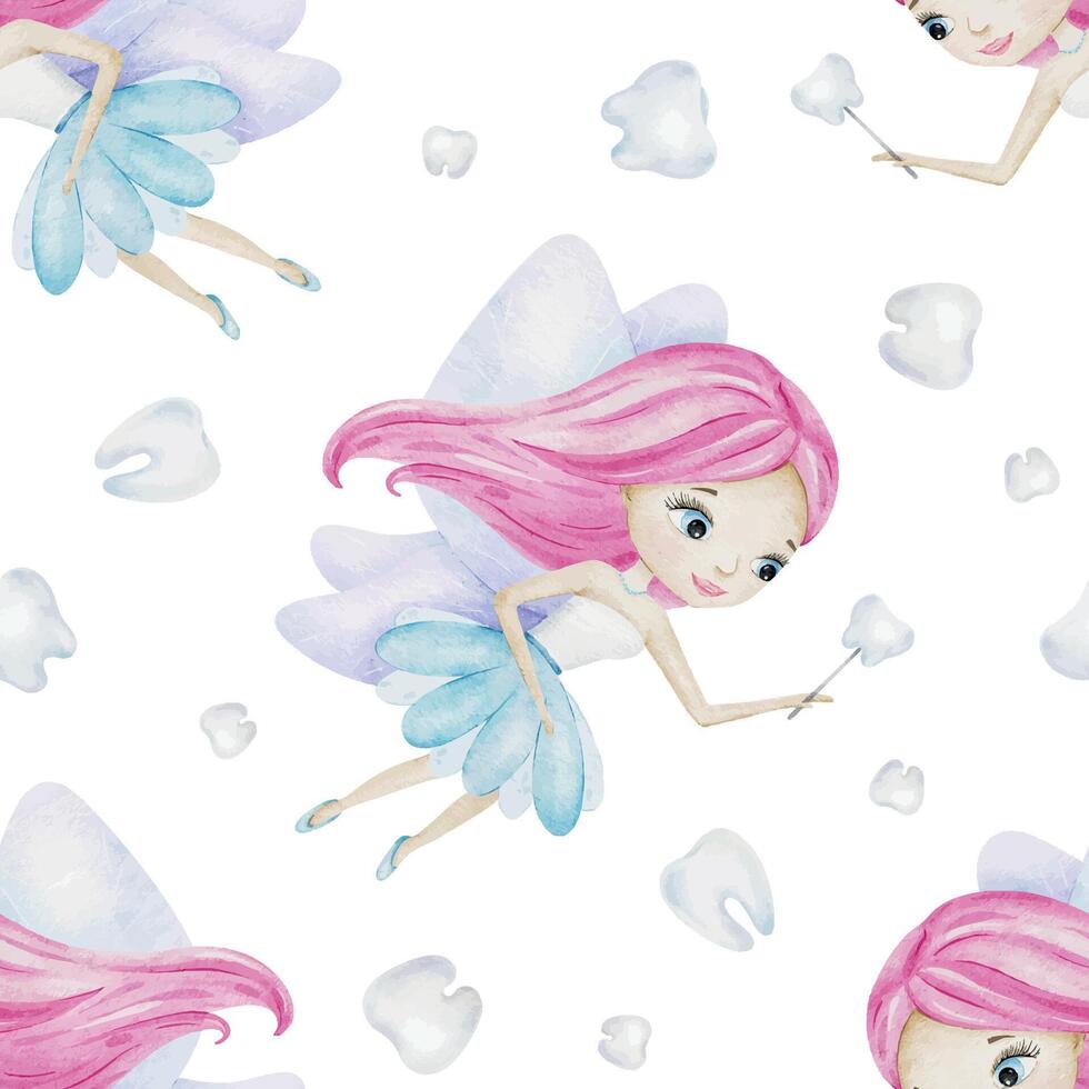 Tooth Fairy girl character with wings, magical wand and teeth. Hand drawn watercolor baby seamless pattern. Background for pediatric dentistry, National Tooth Fairy Day, wrapping vector