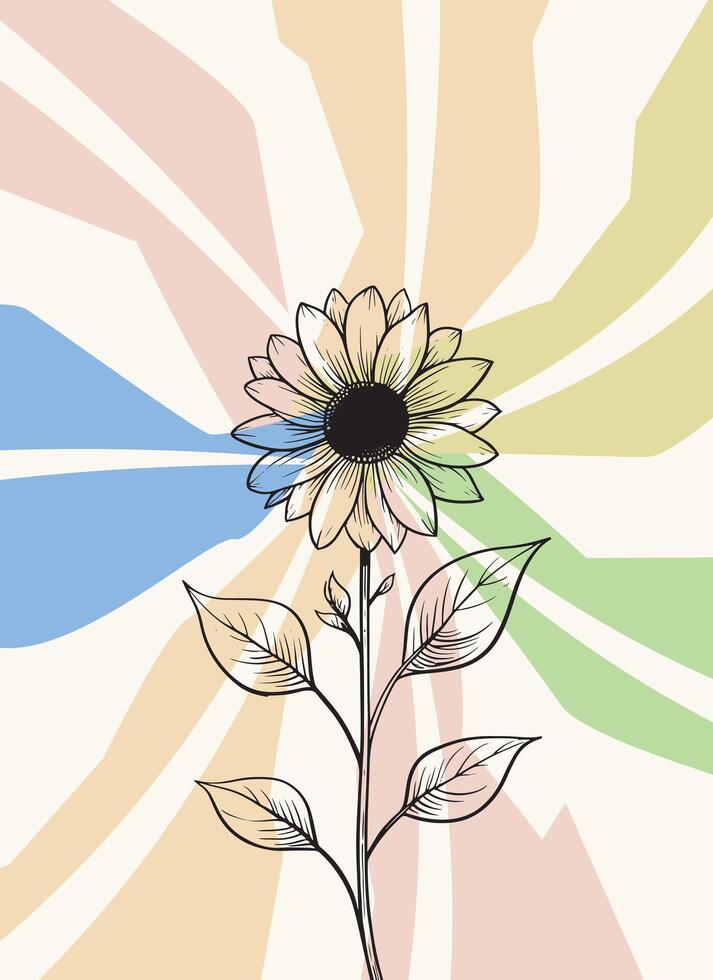 Retro minimalistic sunflower in line art background vector
