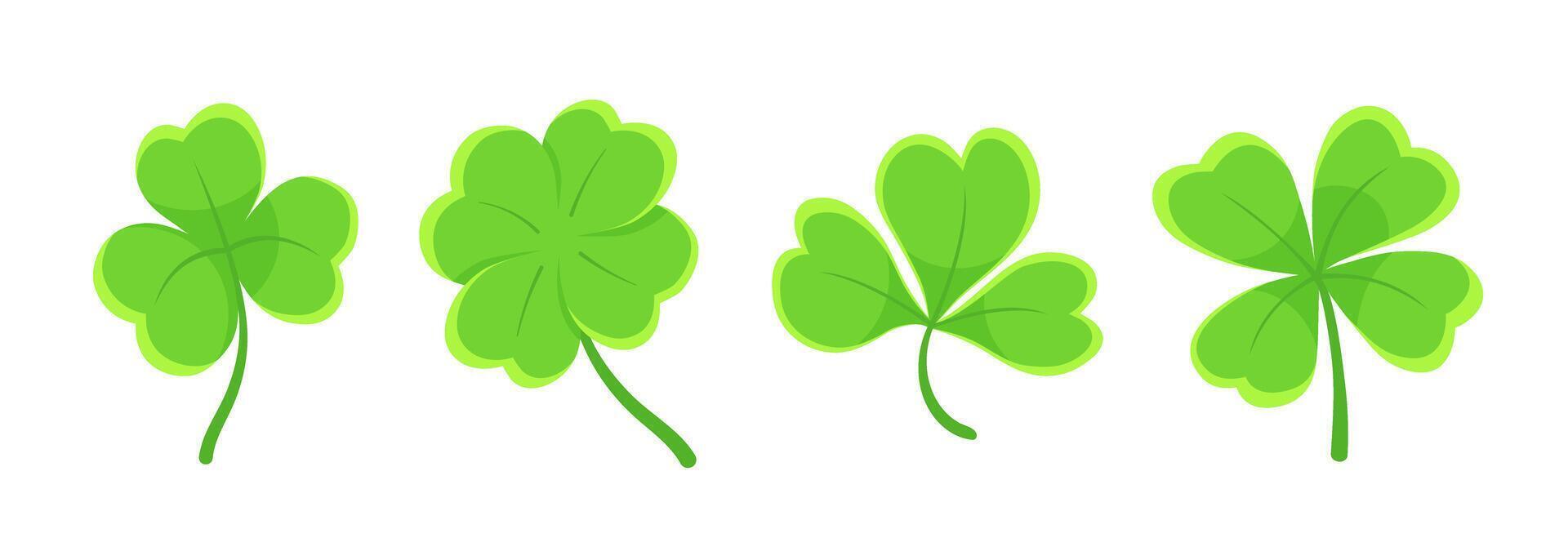 Lucky four, three clover shamrock leaves flat style illustration set. vector