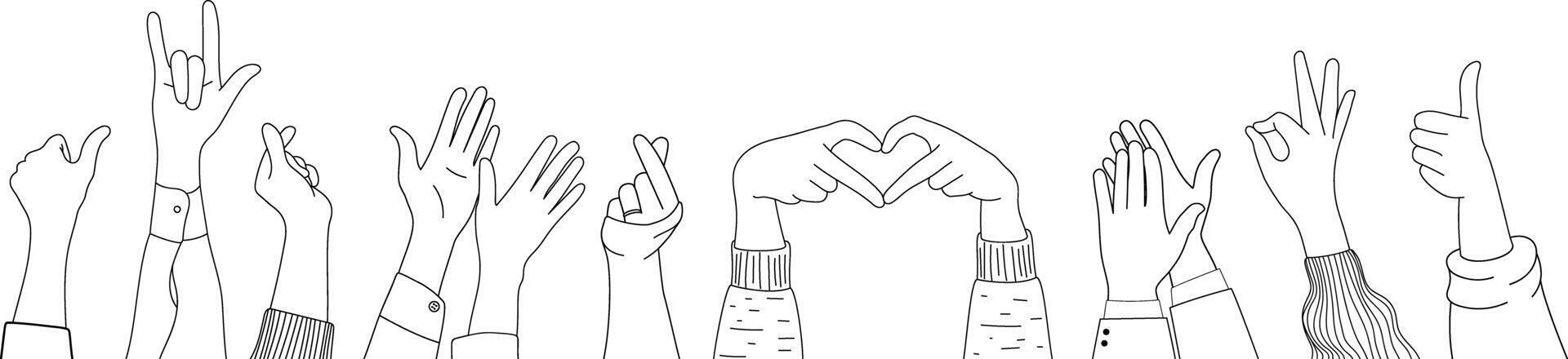 Doodle sketch hands up gestures comic icons silhouettes set vector