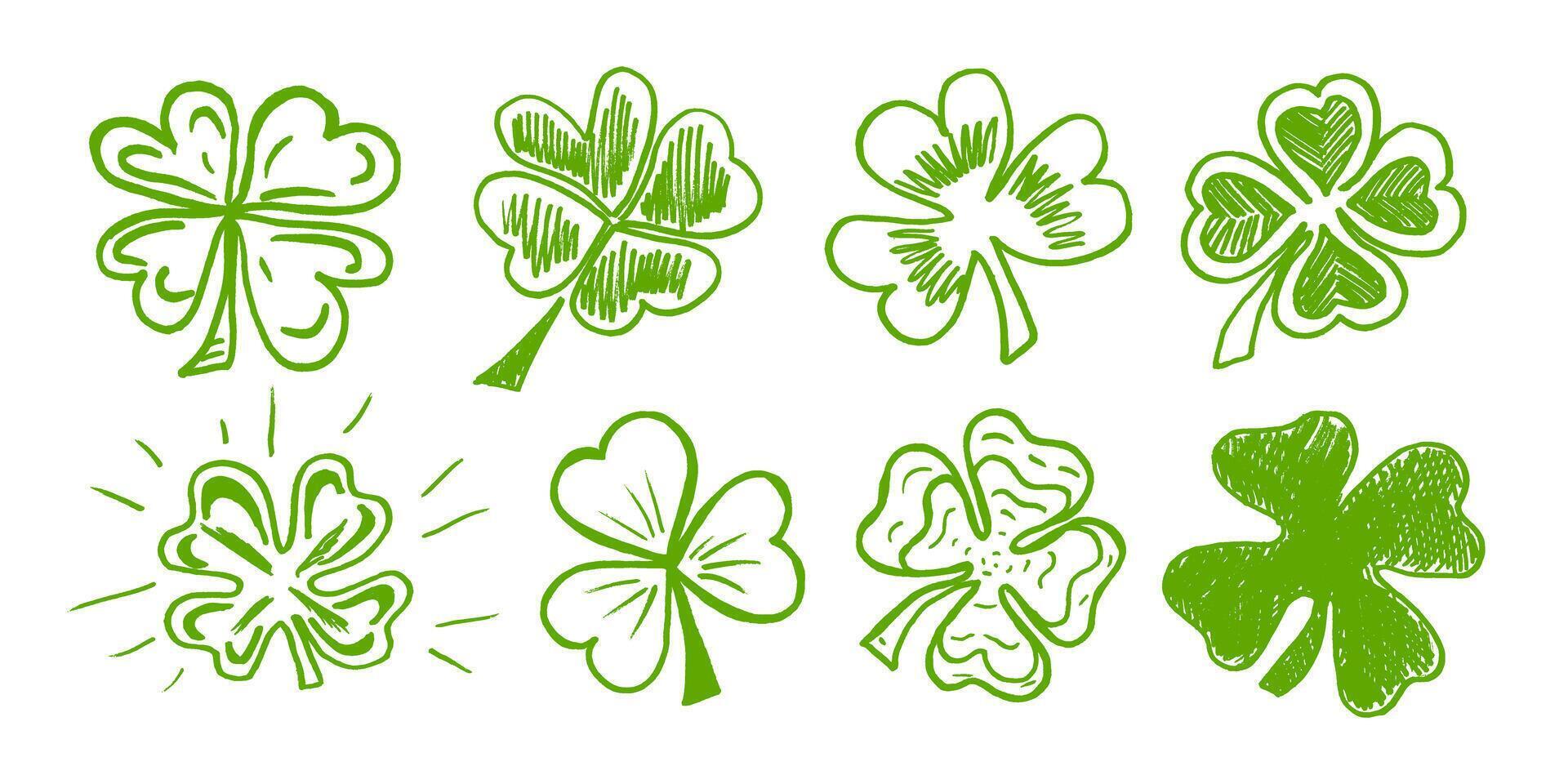 Lucky four or three clover shamrock leaf icon hand drawn style illustration set. vector