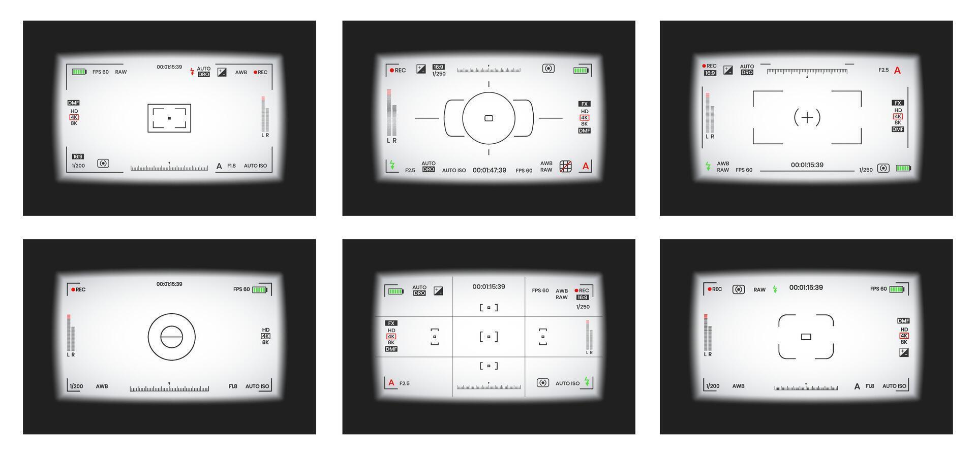 Camera viewfinder or photo frame recorder flat style design illustration set. vector