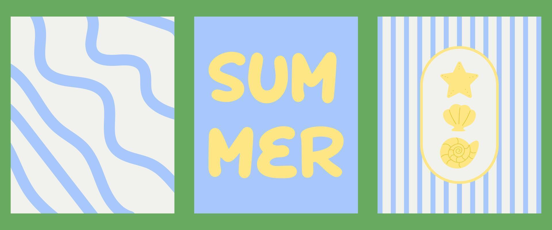 Abstract summer posters. seashells and wave sea design. Trendy summer design for branding, ads, print, decor vector