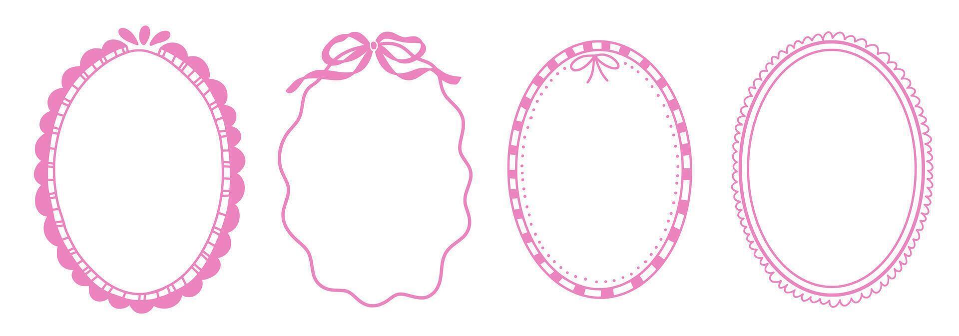 Oval whimsical wavy scallop frame with bow tie in doodle trendy style. Charming elegant outline border for greeting cards. vector