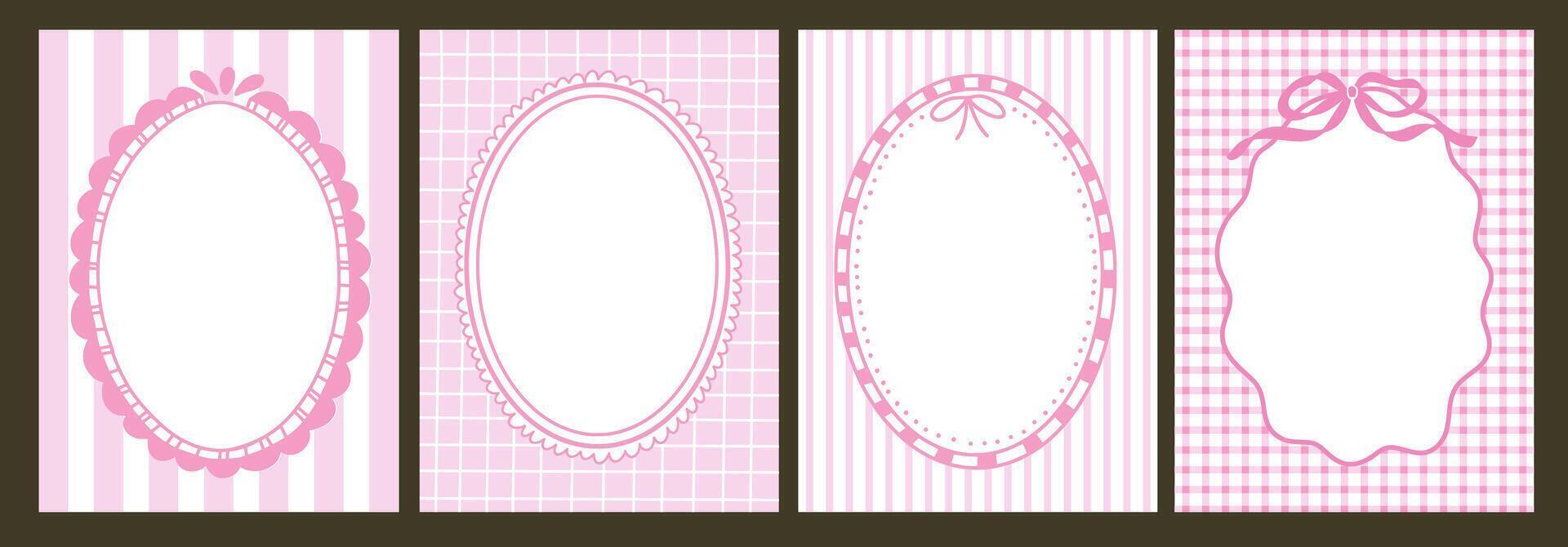 Romantic coquette ribbon frame on striped background. Wedding curly border collection in vintage coquette style. Great for wedding, card, invite vector