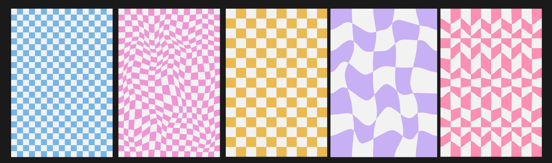 Set of checkerboard backgrounds in pale pastel colors. Groovy hippie chessboard pattern of optical illusion. Retro 60s 70s psychedelic design. vector