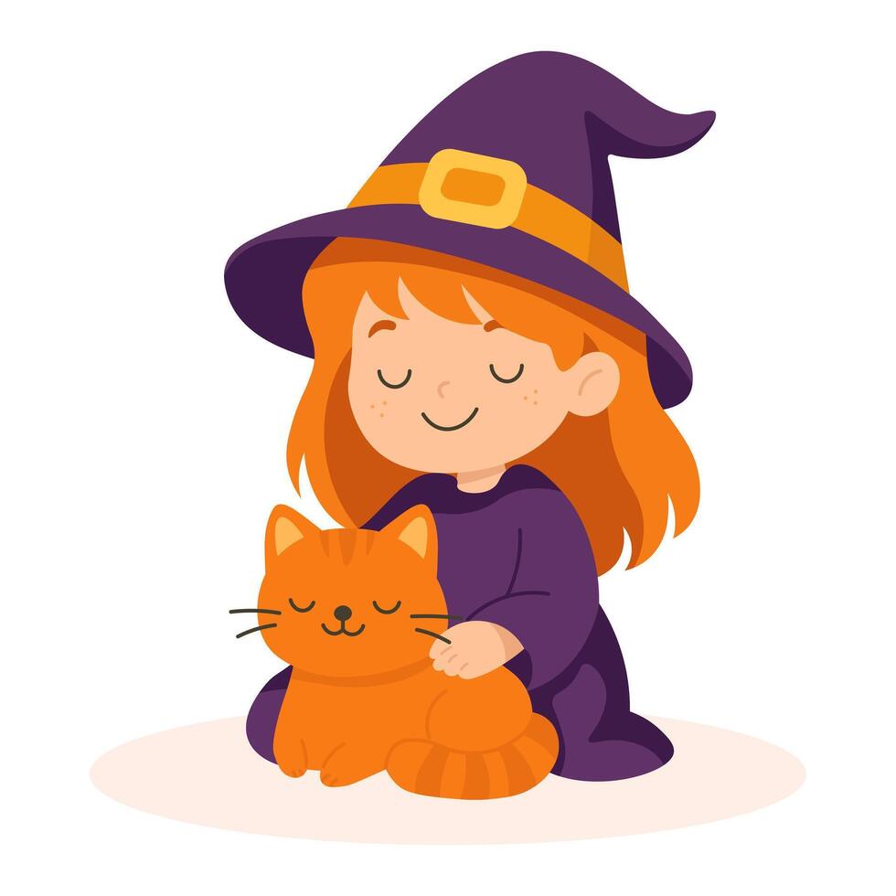 Cute little witch with orange cat. Halloween girl in costume. Child and pet magic character illustration vector