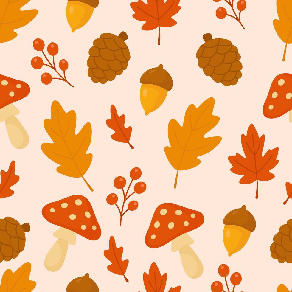 Autumn forest pattern with leaves mushrooms acorns and berries. Fall seamless background. Woodland seasonal illustration. vector