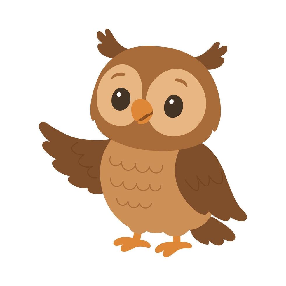 Owl cartoon illustration for children. Cute forest bird clipart. Funny animal character drawing vector