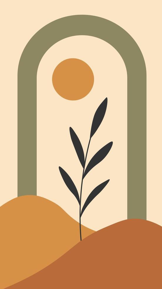 Boho abstract poster with plant arch sun and hills. Minimalist wall art. Modern botanical desert landscape. vector