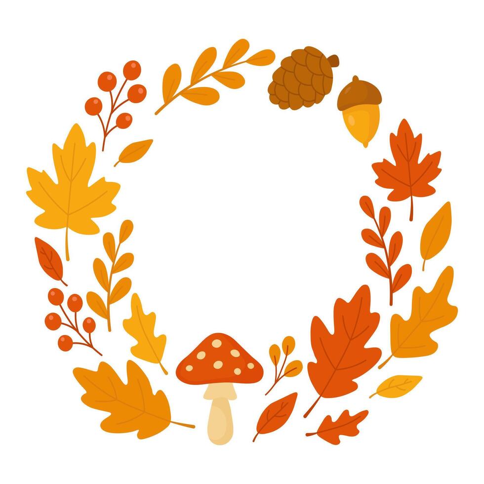 Autumn wreath with leaves mushrooms acorns berries and pinecone. Fall botanical circle frame. Thanksgiving foliage decoration. vector