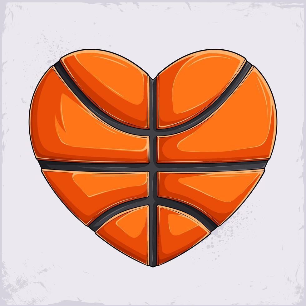 Hand drawn heart shaped professional realistic orange basketball ball with black lines, expressing love and passion to the game vector