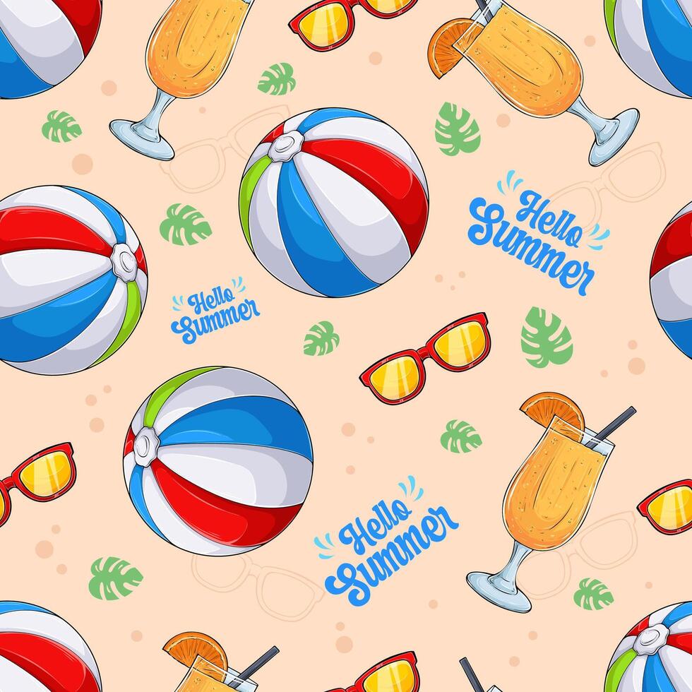 summer beach pattern with drinks and beach balls vector