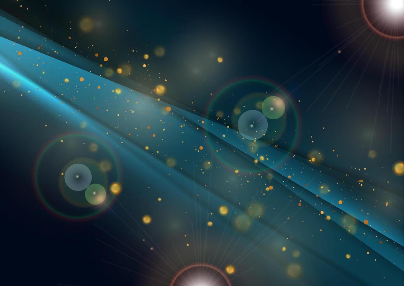 Blue smooth stripes and golden bokeh lights abstract retro background vector
