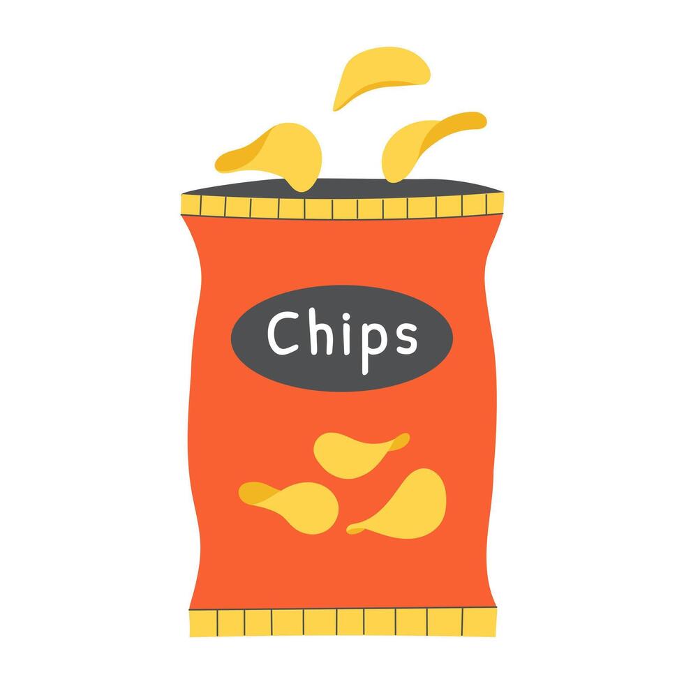 Opened package with potato chips falling out. illustration. vector