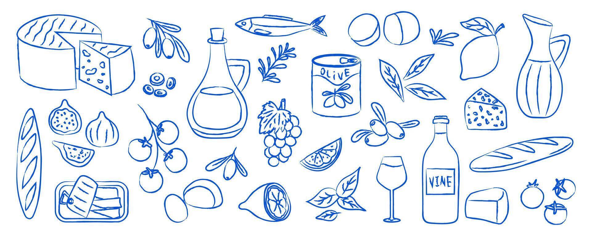 Set of Italian dishes in Mediterranean blue style. Lemon, tomatoes, olives, cheese, sardines, wine, basil. Dolce vita aesthetics. illustration. vector