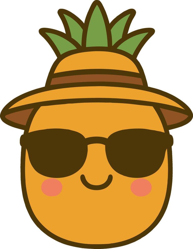 A cute cartoon glass of pineapple juice with a slice of pineapple and smiling face. Sweet, colorful, charming, and flat-style summer drink with a transparent background vector