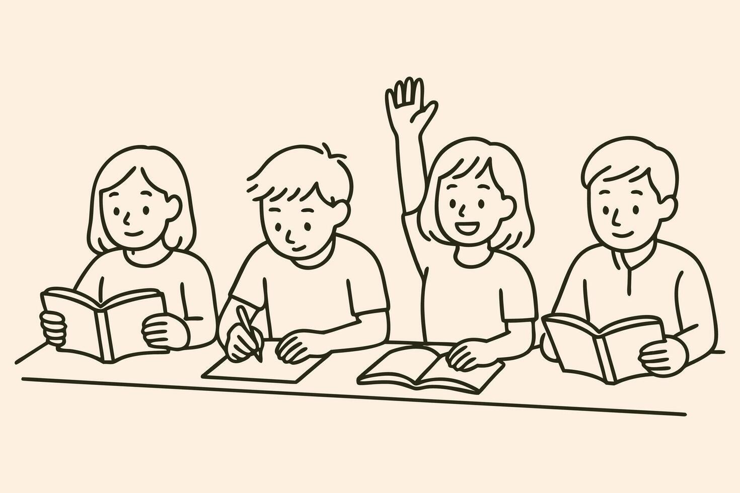 Hand drawn doodle of students and teacher in classroom doing activities like reading, writing, and raising hands vector