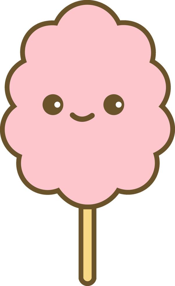 Fluffy cartoon cotton candy on a stick with a cute smiling face. Sweet, charming, colorful, and flat-style food icon with a transparent background vector