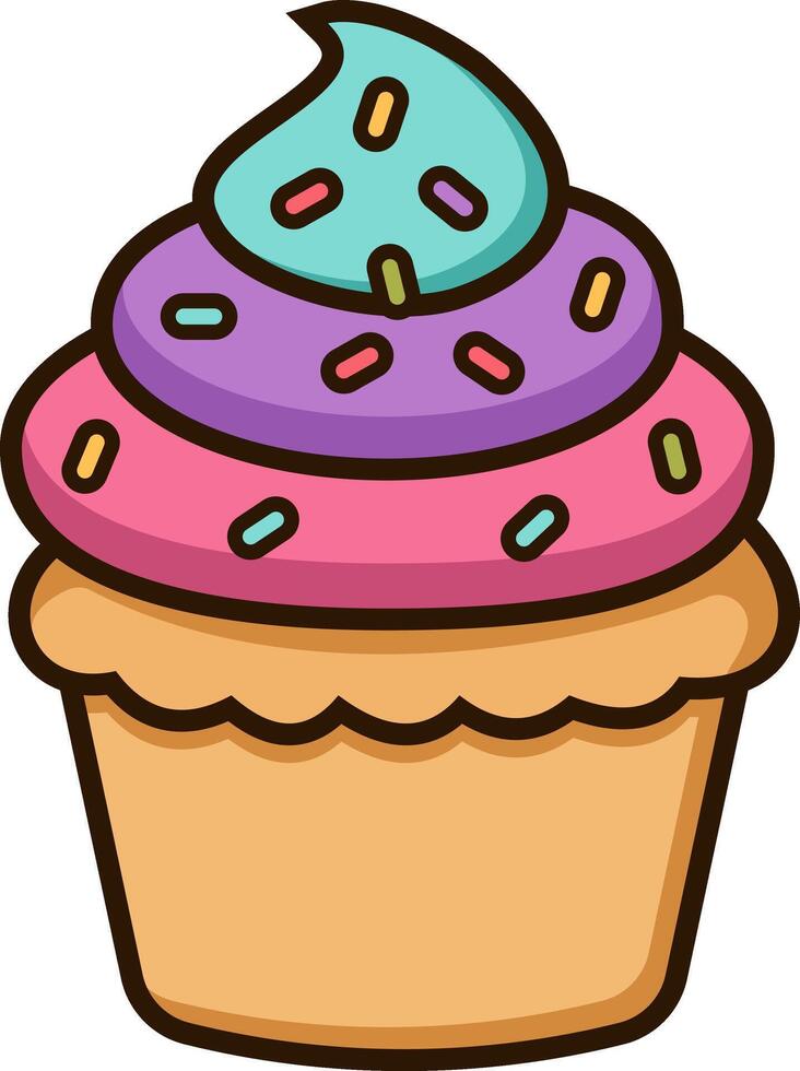 Cute cartoon cupcake with sprinkles, colorful frosting, and a smiling face. Sweet flat style, perfect for summer treats. Transparent background vector