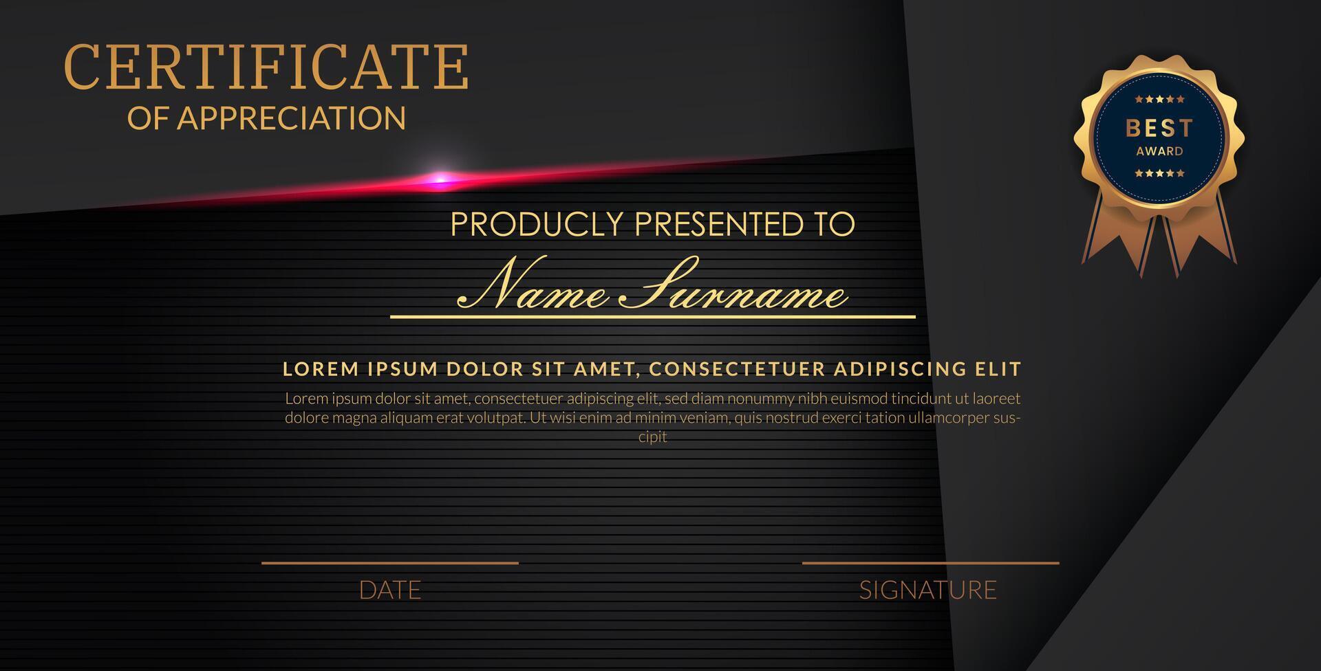 Creative certificate of appreciation best award template with abstract black pink light background, Use for print, certificate, diploma, graduation.. vector