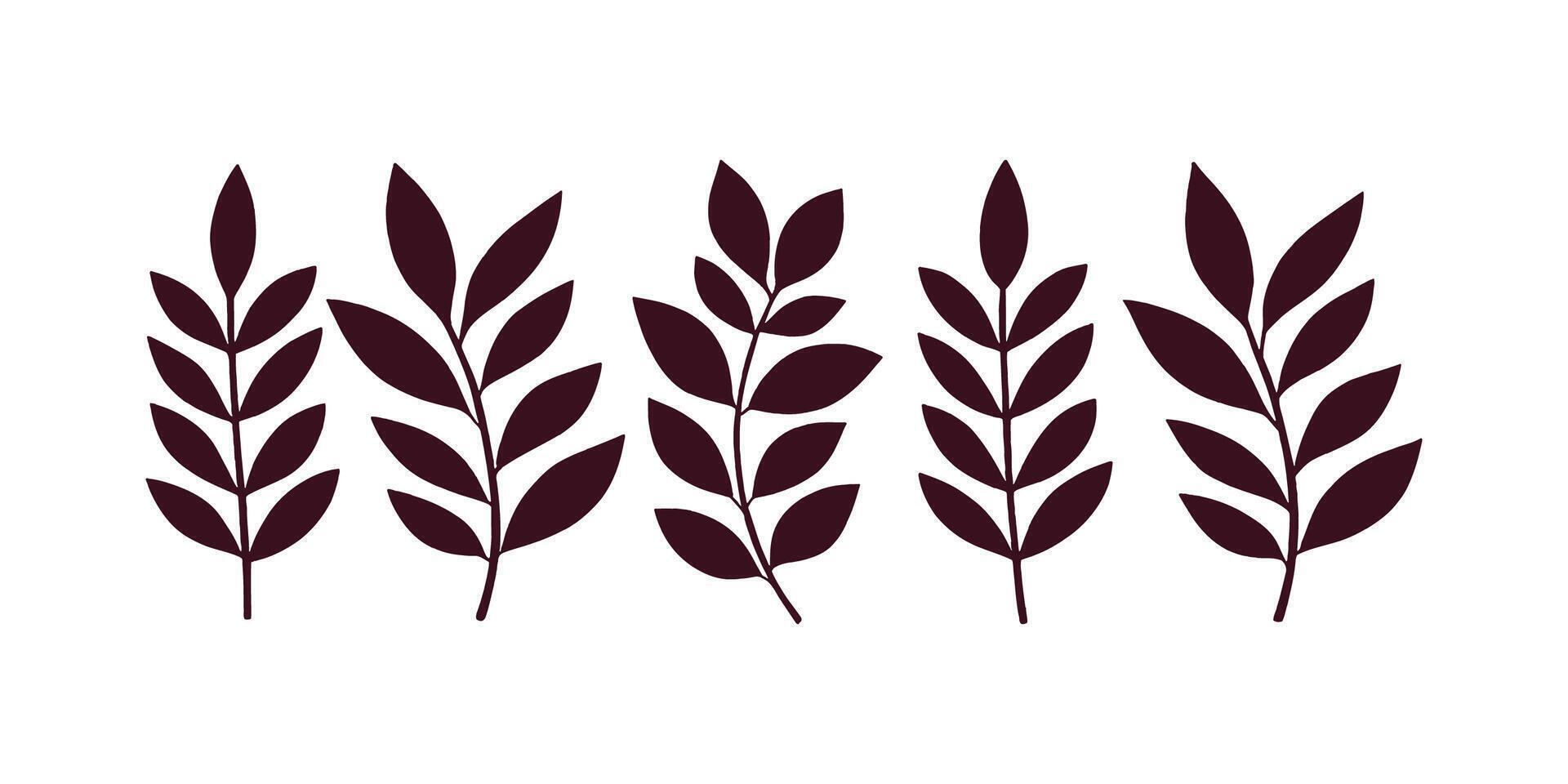 Collection of retro branches and leaves. Silhouettes of hand drawn artistic field herbs in black ink. Vintage botanical florals vector