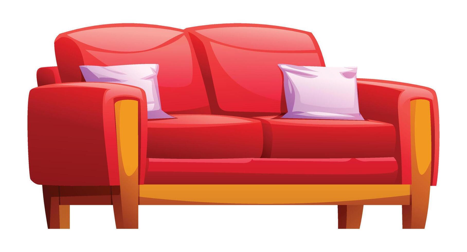Red loveseat with two purple throw pillows and wooden arm details, adding a pop of color. Cartoon illustration vector